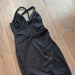 Elegant Black Satin Ribbed Dress